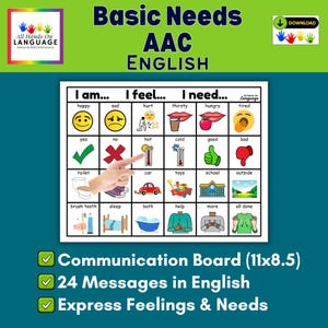 Op de afbeelding: Een communicatiebord getiteld Basic Needs AAC English met een raster van 24 iconen met tekstlabels voor gevoelens en behoeften. De kaart bevat illustraties voor happy, sad, hurt, thirsty, hungry, tired, yes, no, hot, cold, good, bad, toilet, car, toys, school, outside, brush teeth, sleep, bath, help, more en all done.