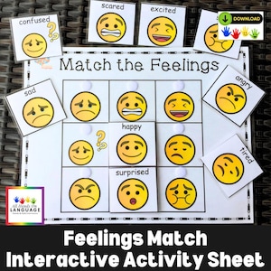 Match the Feelings Activity, 9 Labeled Emojis to Match, Learn Emotions, Autism and Preschool PDF Printable