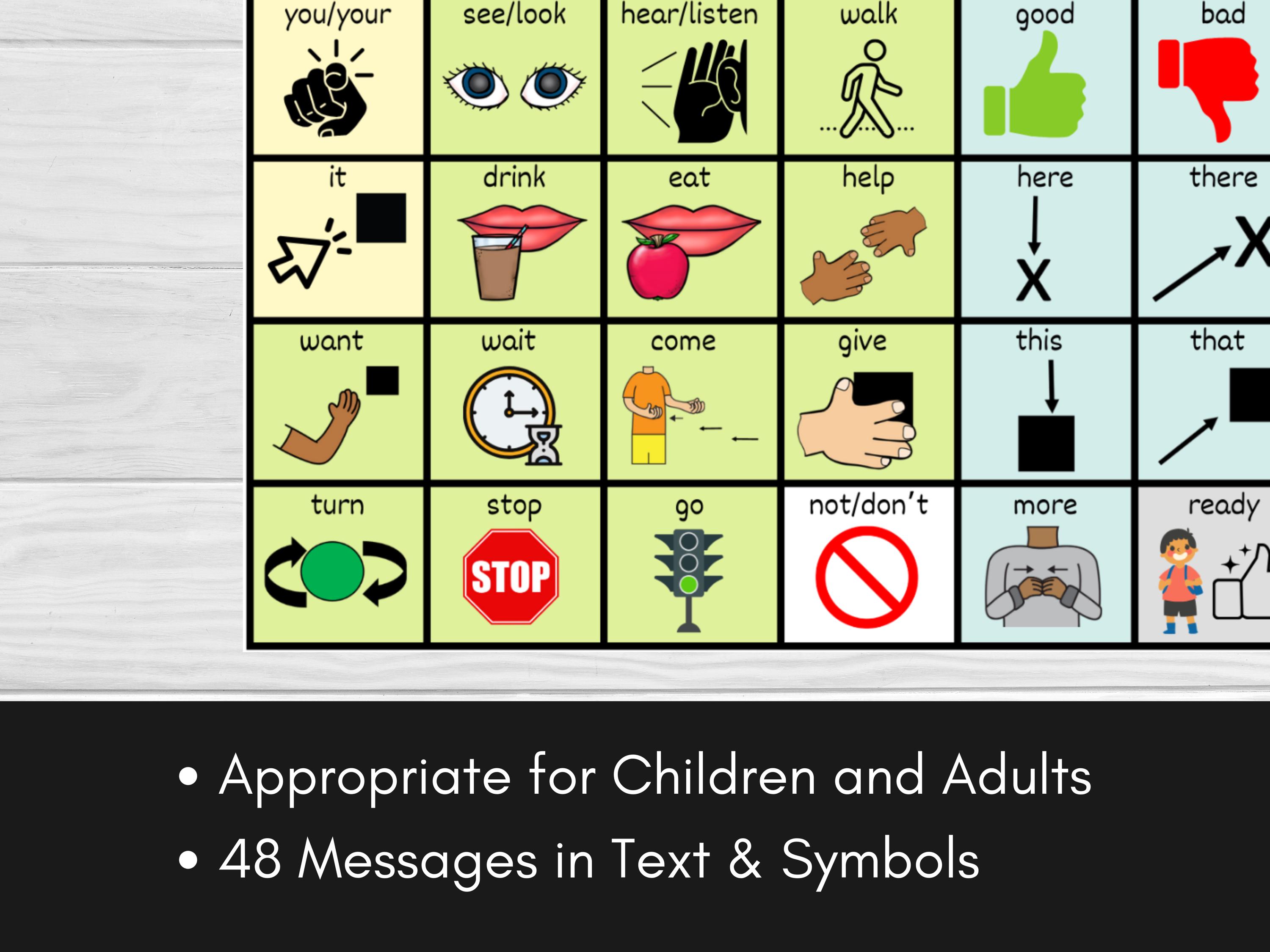 Core Communication Board: 48 Vocabulary Words, Color Coded + White
