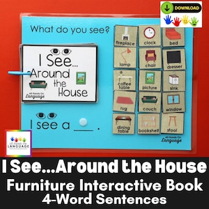 Ich sehe rund um das Haus Interaktives Buch + Satzformulierung, eingebaute Auswahltafel, Möbel, Logopädie, Autismus, PDF zum Ausdrucken