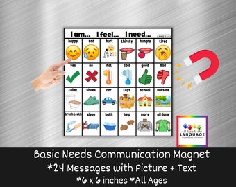 Basic Needs Magnet Communication Board, 6 x 6 inches, 24 Messages with Picture and Text, Classroom, Home, Office, Child and Adult