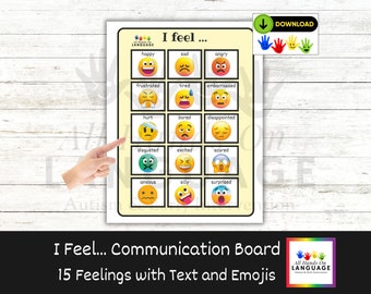 I Feel... Communication Board- 15 Emojis Expressing Feelings, AAC, Aphasia, Apraxia, Non Verbal Autism PDF Printable