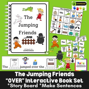 The Jumping Friends Interactive Book with Preposition OVER, Follow Directions & Make Sentences, Speech Therapy, Autism, PDF Printable