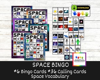 Space Bingo! 6 Bingo Cards and 36 Calling Cards with Space Vocabulary,  Solar System, Space Game, PDF Printable