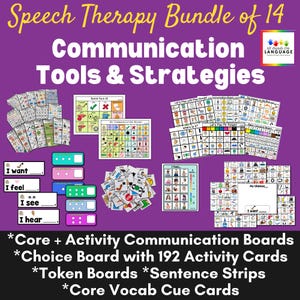 May include: A speech therapy bundle of 14 communication tools and strategies featuring printed boards, sentence strips, token boards, and 192 activity cards. The collection includes various visual aids with icons, text, and grids on a purple background.