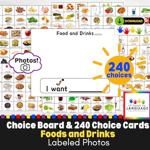 Keuzebord met 240 fotokaarten voor eten en drinken, doe-het-zelf visuele strategie autisme, non-verbaal, onafhankelijkheidsvaardigheden, afdrukbaar pdf-bestand