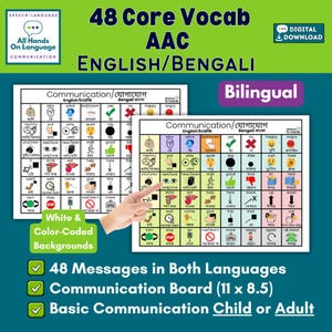 May include: A bilingual English and Bengali AAC communication board featuring 48 color-coded icons with text labels. The grid displays various daily actions and concepts, measuring 11 by 8.5 inches. It is designed for basic communication needs.