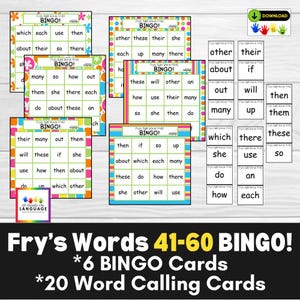 Jogo de Bingo Fry's Sight Words 41-60, 6 cartelas de bingo, 20 cartões de visita com palavras, fácil de fazer e jogar! Colorido e divertido! PDF para impressão