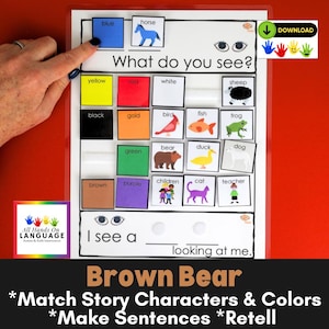 Tabellone delle scelte della storia dell'orso bruno: generatore di frasi con colori e animali (PDF stampabile)