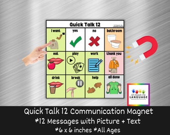 Quick Talk 12 Magnet Communication Board, 6 x 6 inches, 12 Messages with Picture and Text, AAC for Classroom, Home, Office, Child and Adult