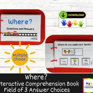 Where? Interactive Book of Questions + Multiple Choice Answers, Autism Comprehension, Sentence Formulation PDF Printable