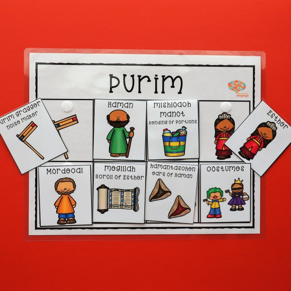 Purim Matching Activity, Match 8 Labeled Purim Pictures and Discuss Jewish Holiday Traditions, Temple School Printable PDF