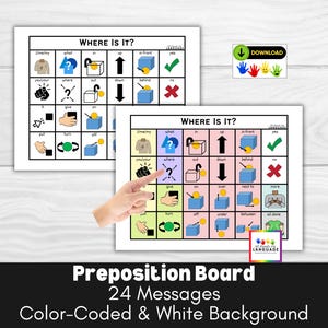 Preposition Communication Board 24, Ask and Answer Where Questions with Visual Cues, AAC, Non Verbal Pre Verbal Autism PDF Printable
