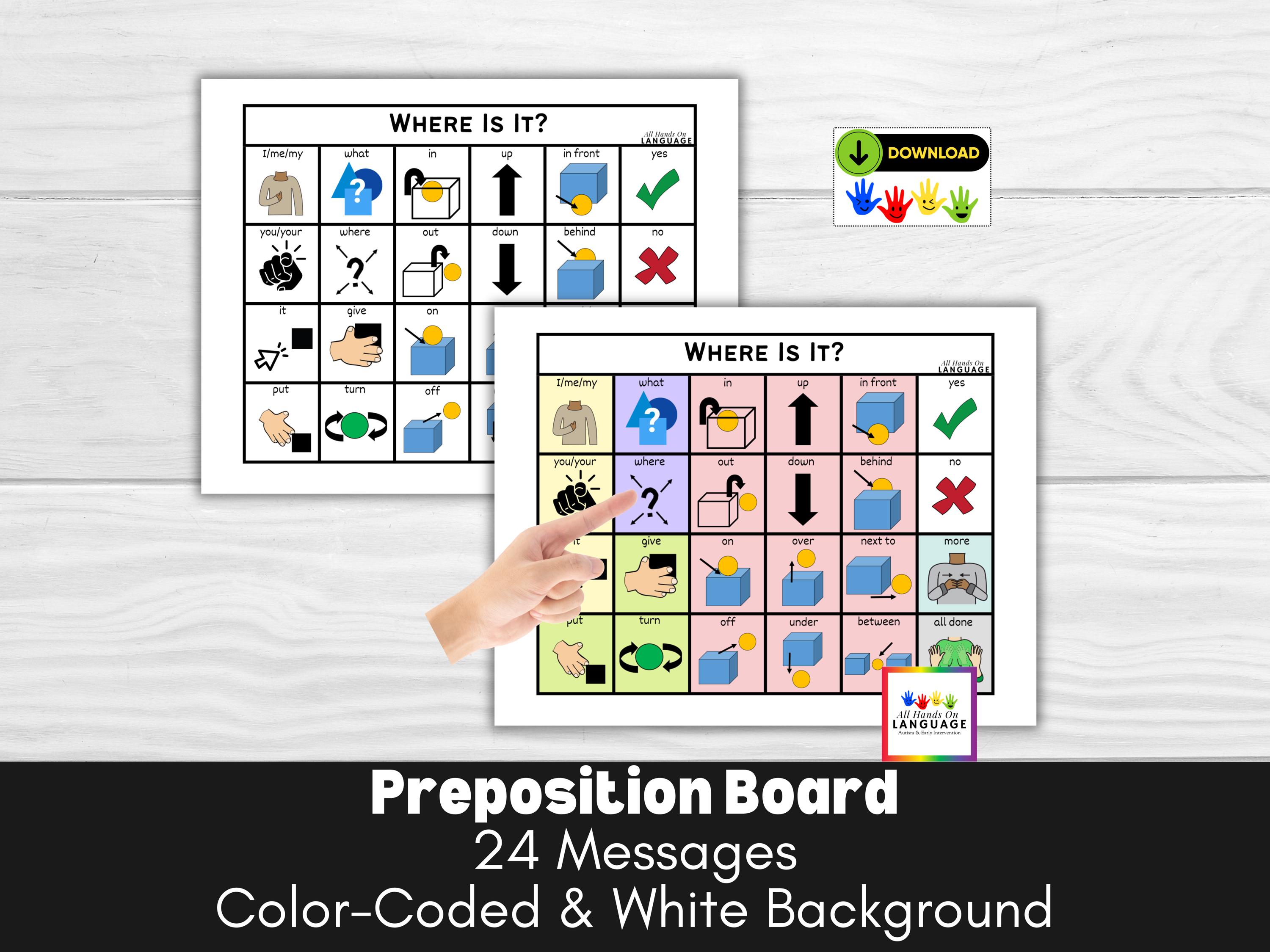 Preposition Communication Board: Visual Cues for Autism (PDF Printable ...