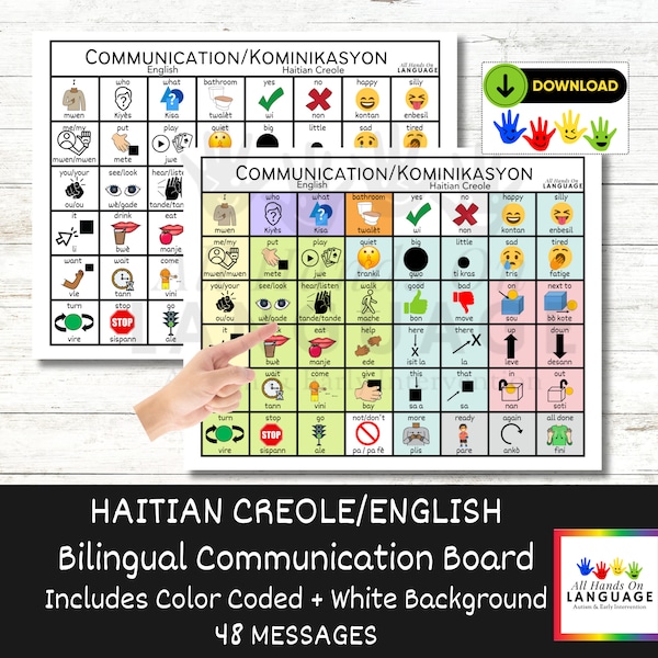 Bilingual Haitian Creole + English Communication Board 48, Aided-Language, AAC, Esl, ELL, Esol, Efl, Pre Verbal, Autism, PDF Printable