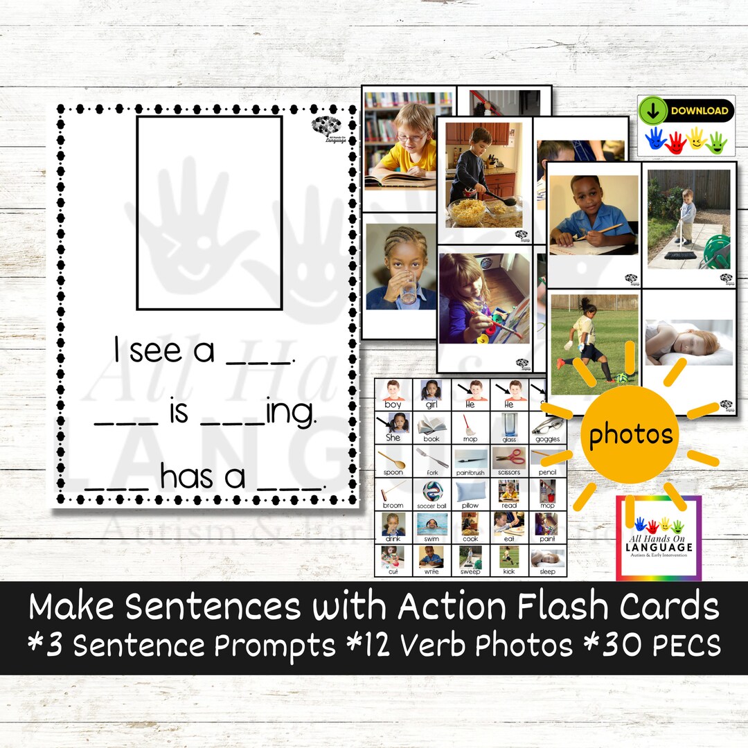 Make Sentences Using Photograph Action Flashcards and Pictures, Autism and Speech Therapy PDF