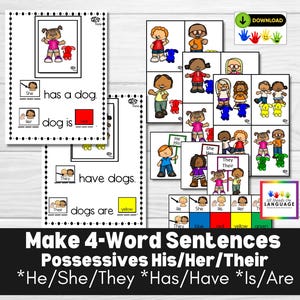 Formulez des phrases avec des pronoms possessifs : il est leur, cadres pour les phrases, cartes-éclair + images étiquetées, autisme, orthophonie PDF imprimable