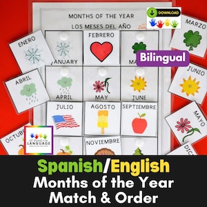 May include: A bilingual educational game featuring months of the year in English and Spanish. The game includes illustrated cards with seasonal imagery like snowflakes, hearts, and sunshine. The title "Months of the Year Match & Order" is displayed.
