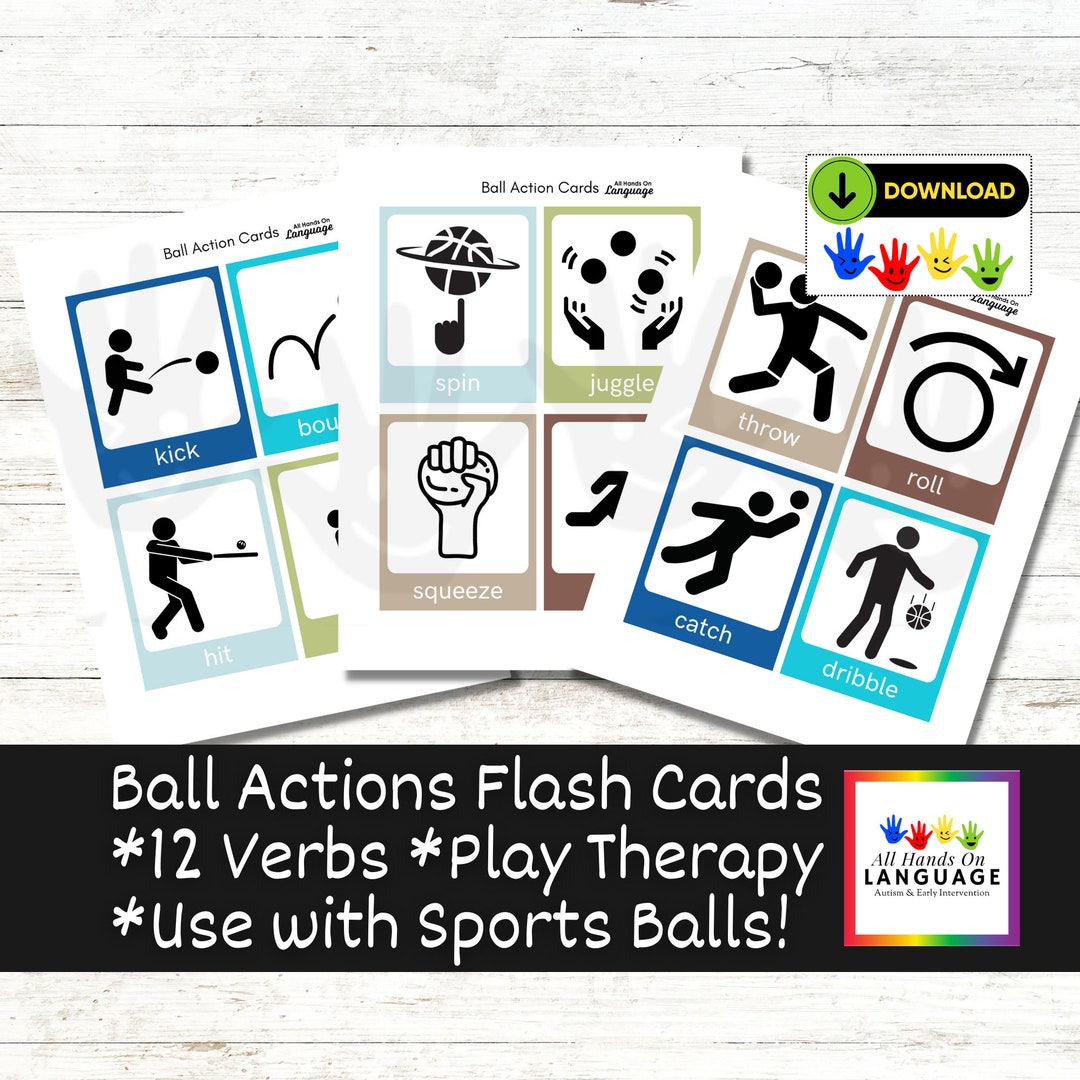 Ball Actions Flash Cards, 12 Verbs to Learn With Sports Balls, Autism