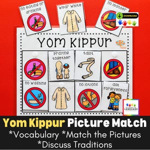 Atividade de correspondência do Yom Kippur, combine 8 imagens rotuladas do Yom Kippur e discuta as tradições dos feriados judaicos, PDF para impressão da Temple School