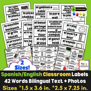 Étiquettes bilingues espagnol/anglais pour la classe en 2 TAILLES, 42 mots pour la classe avec texte + photos, Autisme, ESOL, PDF imprimable