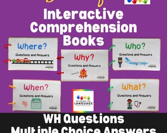 BUNDLE of 5 WH Comprehension Books, Who, Where, When, What, Why Questions with Multiple Choice Answers, Autism, Speech Therapy PDF Printable