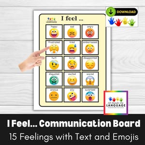 I Feel... Communication Board- 15 Emojis Expressing Feelings, AAC, Aphasia, Apraxia, Non Verbal Autism, Speech Therapy PDF Printable