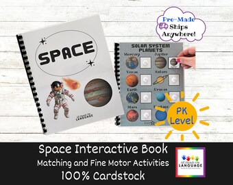 Pre-Made Space Interactive Book, Comb-Bound Laminated Cardstock, 32 Labeled Cards for Matching plus Fine Motor Activities, ESOL and Autism