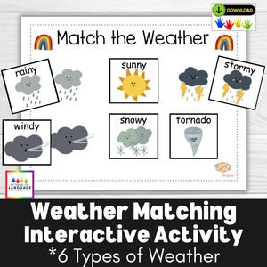 Wetterzuordnung für Kinder, 6 Arten von beschrifteten Wetterkarten mit glücklichen Gesichtern zum Kombinieren, Vorschule, Autismus, druckbare PDF-Datei