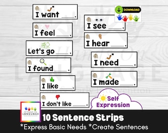 10 Sentence Strips to Express Basic Needs and Create Simple Sentences, Autism and Speech Therapy Materials, PDF Printable