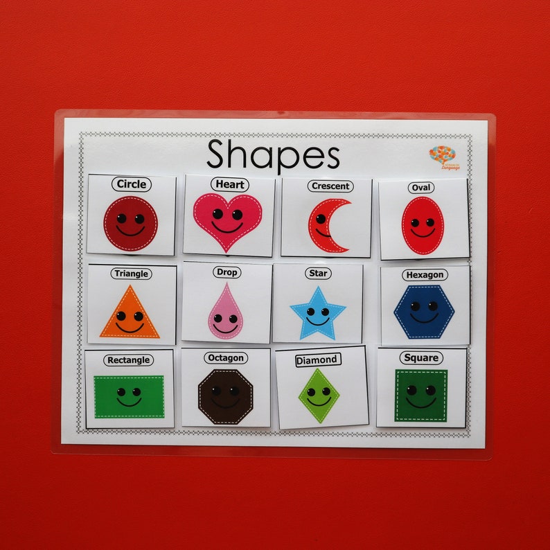 May include: A colorful chart with 12 different shapes, each with a smiling face. The shapes include a circle, heart, crescent, oval, triangle, drop, star, hexagon, rectangle, octagon, diamond, and square.