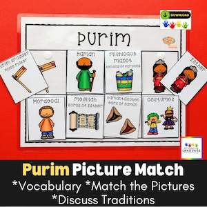 Purim Matching Activity, Match 8 Labeled Purim Pictures and Discuss Jewish Holiday Traditions, Temple School Printable PDF
