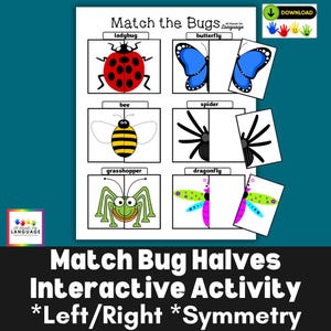 Match the Bug Halves Interactive Activity, Left and Right, Symmetry, Autism and Preschool PDF Printable