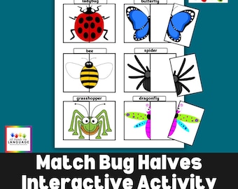 Match the Bug Halves interactieve activiteit, links en rechts, symmetrie, autisme en voorschoolse pdf-afdrukbare pdf