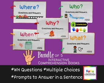 BUNDLE of 5 WH Comprehension Books, Who, Where, When, What, Why Questions and Multiple Choice Answers, PDF Printable