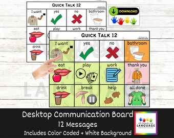 Communication Desktop Board-Quick Talk 12, Color Coded Words, Aided-Language, AAC, Non Verbal, Pre Verbal, Autism, ESOL, PDF Printable