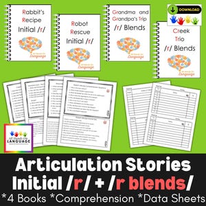 Articulation Stories-Initial R + R Blends /r/+ /br,cr,dr,fr,gr,pr,spr,thr,tr/ Plus Comprehension Questions + Data Sheets, Speech PDF Print