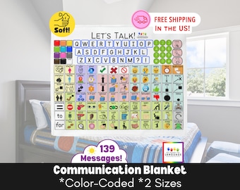 Könnte beinhalten: Eine weiße Kommunikationsdecke mit einem bunten Raster von 139 Nachrichten, einschließlich Bildern und Wörtern. Die Decke ist farbcodiert und in zwei Größen erhältlich. Der Text auf der Decke lautet "Let's Talk!" und "139 Messages!"