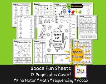 Space Themed Preschool + Kindergarten Skills Worksheets with Letters, Numbers, Words, Tracing, Puzzle, Coloring, Shapes, PDF Printable