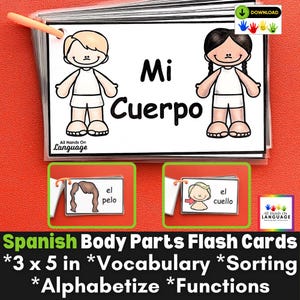 Spaans My Body Flashcard Set, Mi Cuerpo, 26 lichaamsdelen in het Spaans, activiteitensuggesties, logopedie, Autisme, afdrukbare pdf