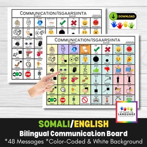 Tablero de comunicación bilingüe somalí + inglés 48, lenguaje asistido, AAC, Esl, ELL, Esol, Efl, no verbal, preverbal, autismo, PDF imprimible