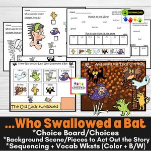 Old Lady Who Swallowed a Bat Story Companion Activities, Sentence Formulation, Sequencing, Autism, Speech Therapy, PDF Printable