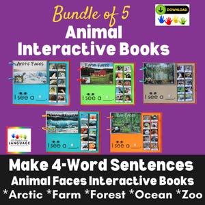 Animal Faces Interactive Books Bundle: Sentence Building + Vocabulary Autism & Preschool (PDF Printable)