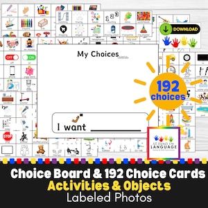 Tablero de elección con 192 tarjetas de elección de objetos y actividades, estrategia visual de bricolaje para autismo "Mis elecciones", aumentar la independencia, PDF imprimible