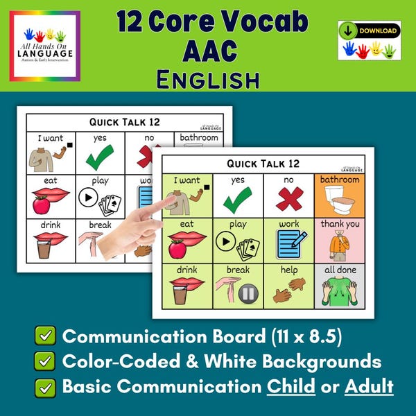 Quick Talk 12 Communication Board: AAC Aided-Language, Speech Therapy & Autism (PDF Printable)
