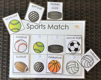 Sportwedstrijdactiviteit, Match 8 gelabelde sportballen, autisme en kleuterschool PDF afdrukbaar