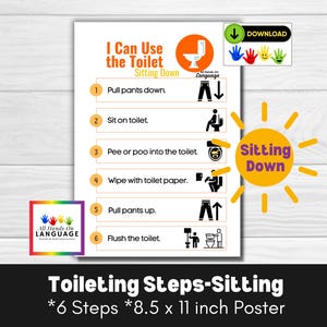 Volgordetabel toiletgebruik, ik kan het toilet zittend gebruiken, 6-stappenreeksfoto's en schriftelijke instructies, autisme-visual pdf-afdrukbaar