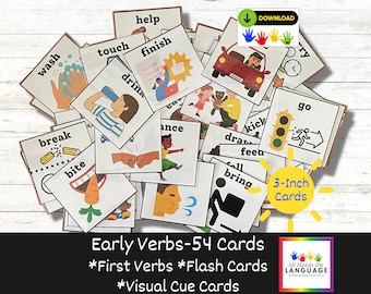 First Verbs Flash Cards, 54 of the Earliest Verbs on 3x3 inch Cards with Pictures and Text, Autism and Speech Therapy Materials