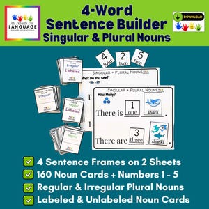 Puede incluir: Recurso educativo para el aprendizaje de idiomas. La imagen muestra un Constructor de Oraciones de 4 Palabras con sustantivos singulares y plurales. Incluye tarjetas de sustantivos, tarjetas de números y marcos de oraciones.