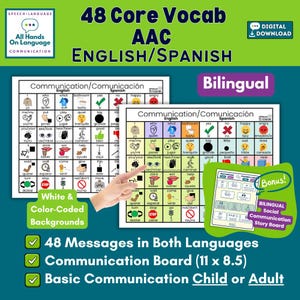 Puede incluir: Un tablero de comunicación aumentativa y alternativa bilingüe en inglés y español con 48 palabras de vocabulario básico, fondos codificados por colores e iconos. La descarga digital incluye un tablero de historia social adicional.